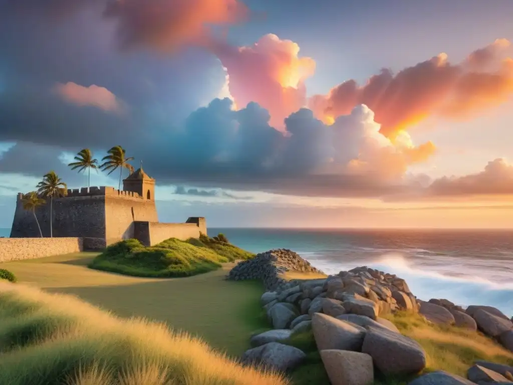 Vibrante atardecer sobre la histórica Fortaleza de Santa Rosa en Uruguay, con piedras antiguas y cielo naranja