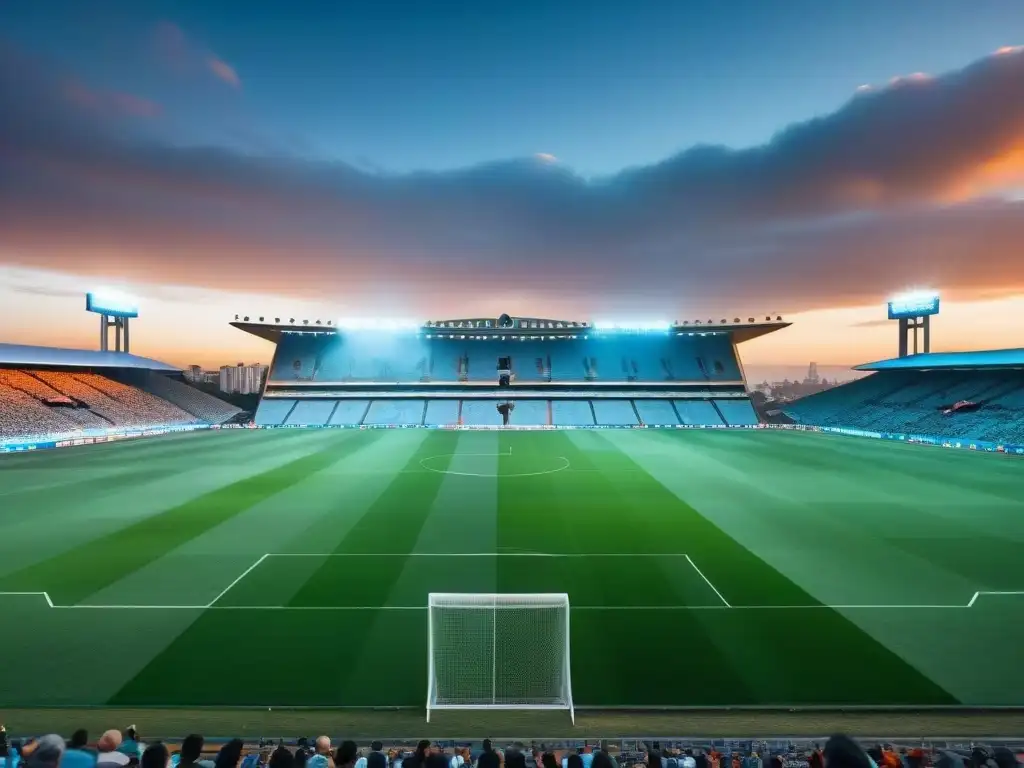 Vibrante atardecer en el icónico Estadio Centenario de Montevideo, Uruguay, mostrando la emoción previa a un partido