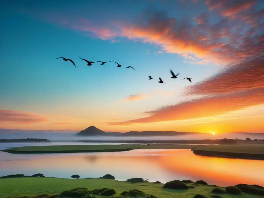 Vibrante atardecer sobre Laguna Garzón en Uruguay con aves en vuelo