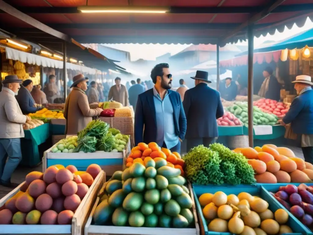 Un vibrante atardecer en el Mercado del Puerto en Uruguay, capturando la esencia colorida y animada del mercado