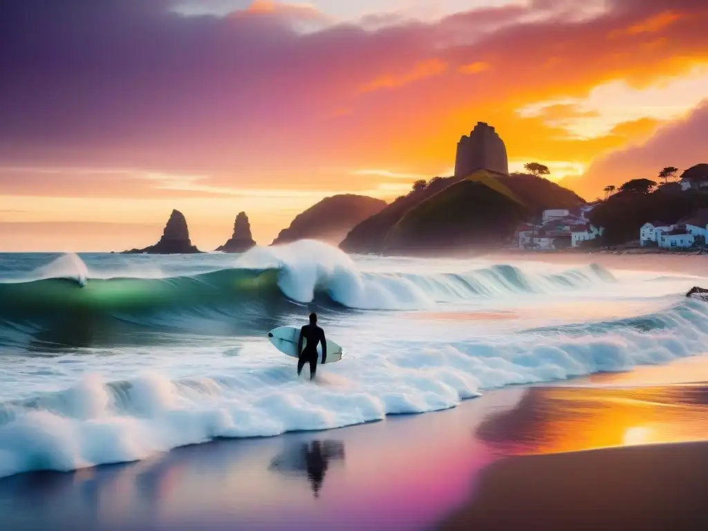 Un vibrante atardecer en La Paloma, Uruguay, con surfistas surfeando olas