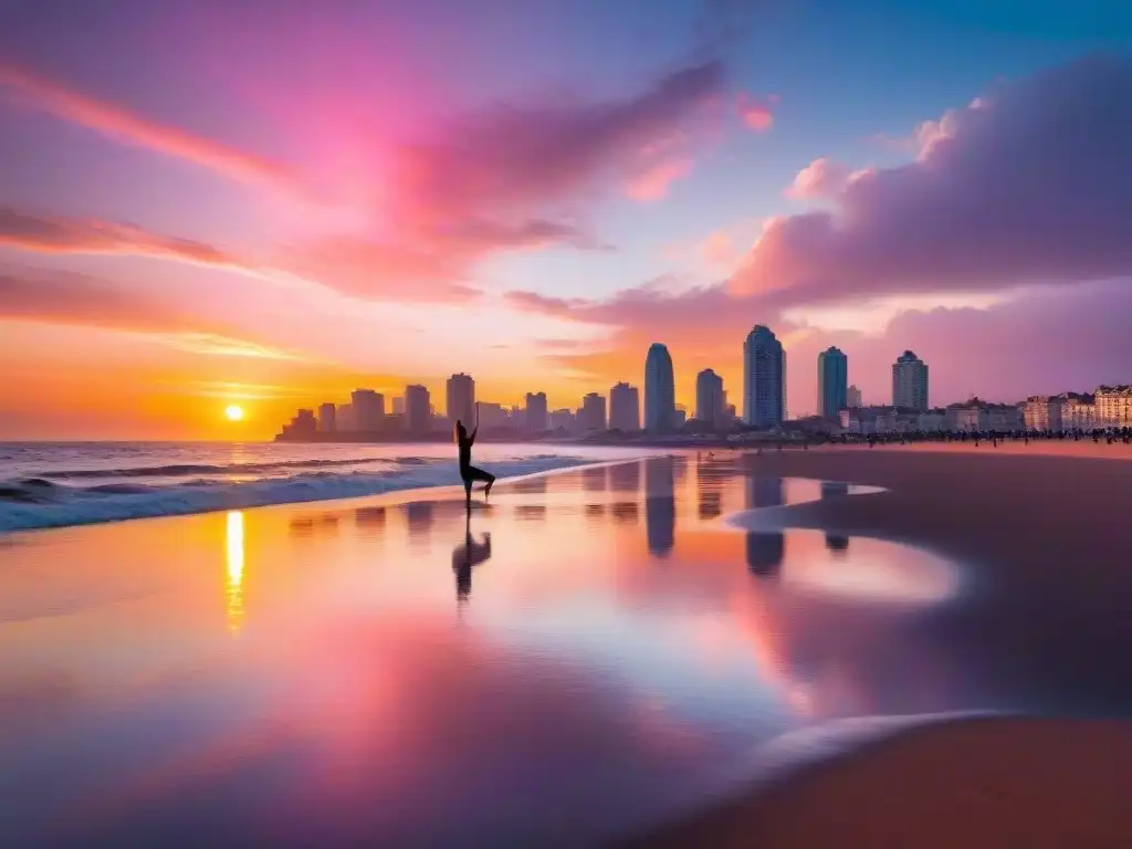 Vibrante atardecer en la playa de Montevideo con actividades de salud y fitness, luces de la ciudad al fondo