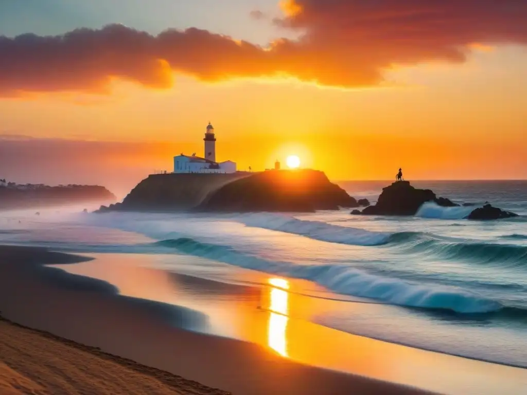 Vibrante atardecer en la playa de La Paloma, Uruguay, con surfistas disfrutando del mar