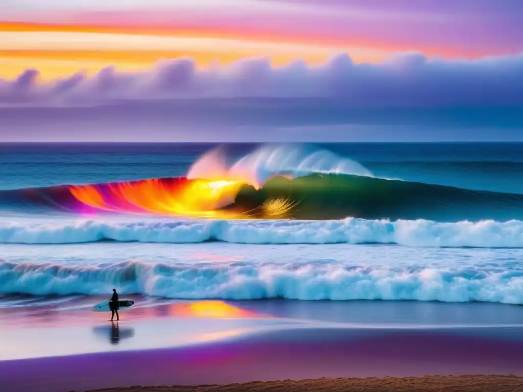 Un vibrante atardecer en Playa Brava, Punta del Este, con un surfista solitario en una ola perfecta