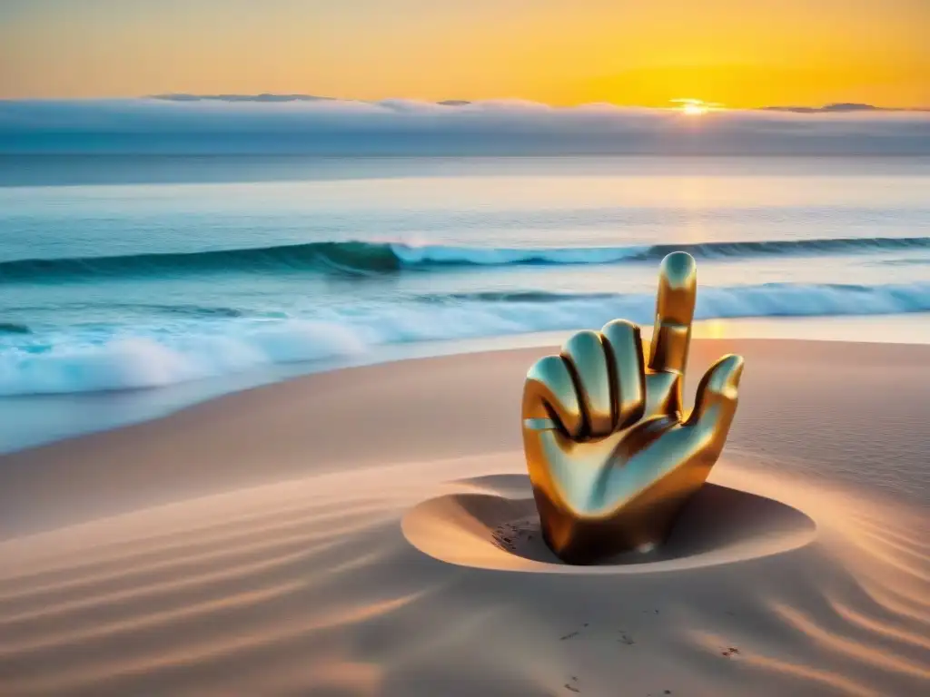 Vibrante atardecer en Punta del Este con la escultura de la mano emergiendo de la arena, turistas y locales disfrutando