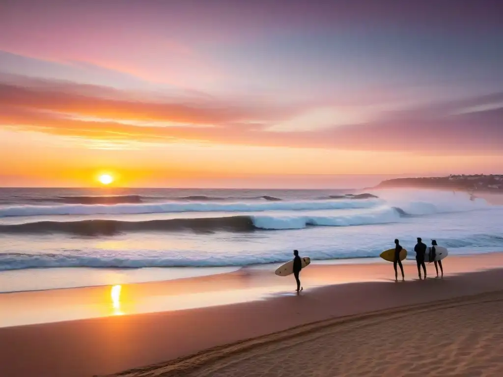 Un vibrante atardecer en Punta del Este, con surfistas compartiendo historias en la cultura del surf en Uruguay