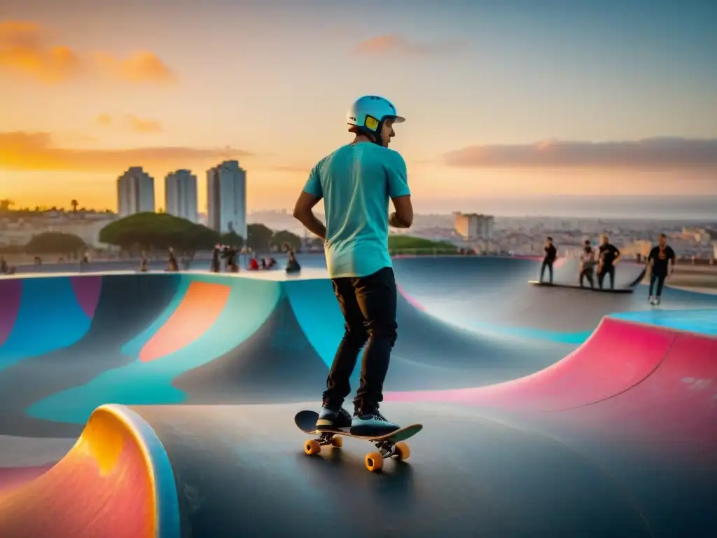 Un vibrante atardecer en un skatepark de Montevideo, Uruguay, donde jóvenes skaters realizan trucos impresionantes