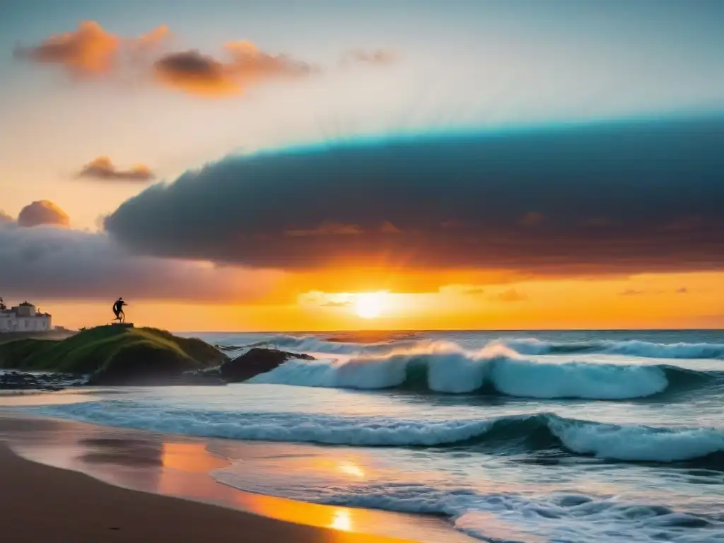 Vibrante atardecer en Uruguay con surfistas en acción, reflejando la belleza de surfear en las mejores épocas en Uruguay