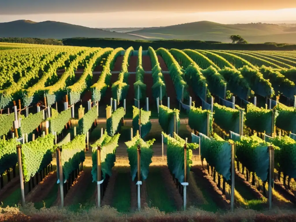 Vibrante atardecer sobre viñedos uruguayos, fusionando tradición e innovación en la Ruta vinos Uruguay tradición