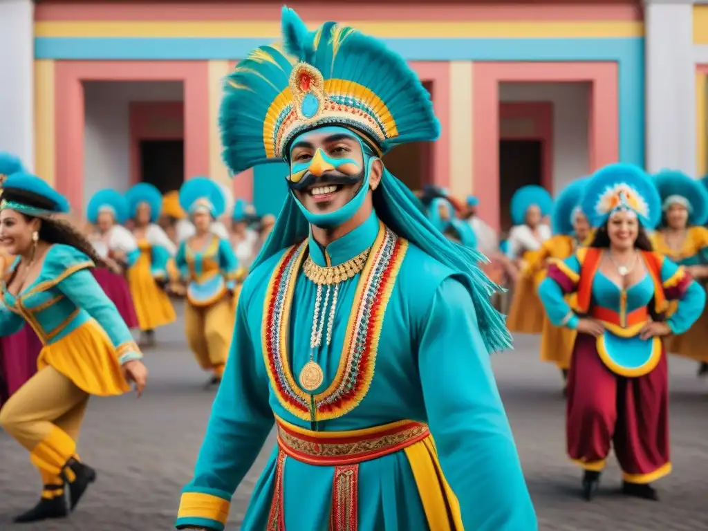 Vibrante baile de carnaval frente al Museo del Carnaval en Uruguay, reflejando la Importancia Museo Carnaval Uruguay