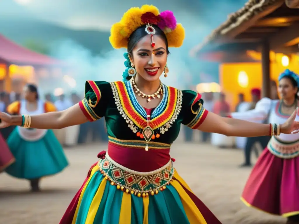 Vibrante baile en el Festival de la Chacra San Jacinto, con coloridos trajes y movimientos dinámicos