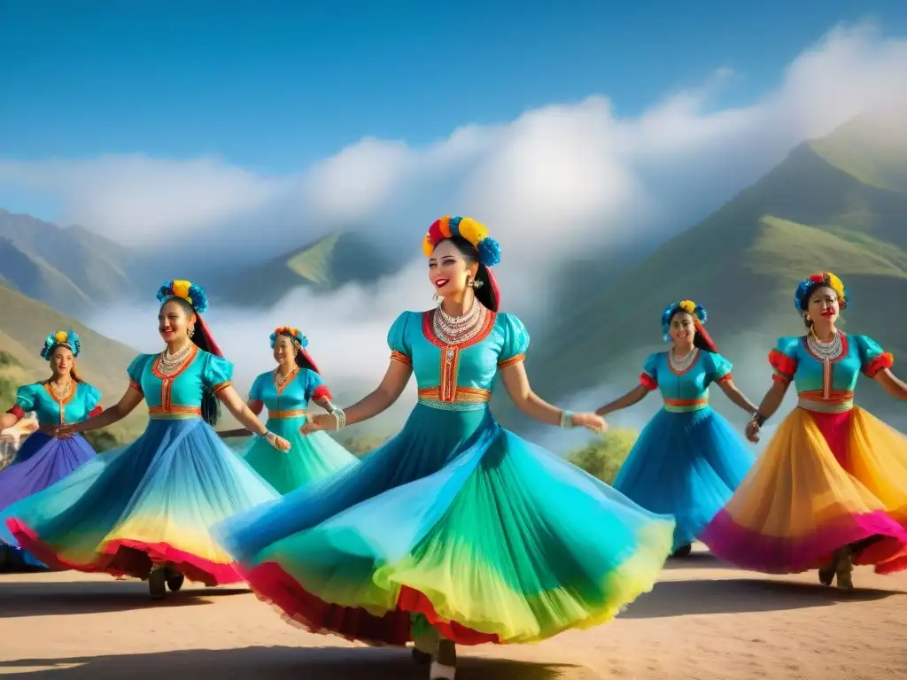 Vibrante baile folclórico en el Festival de la Chacra San Jacinto, con coloridos trajes y paisaje pintoresco