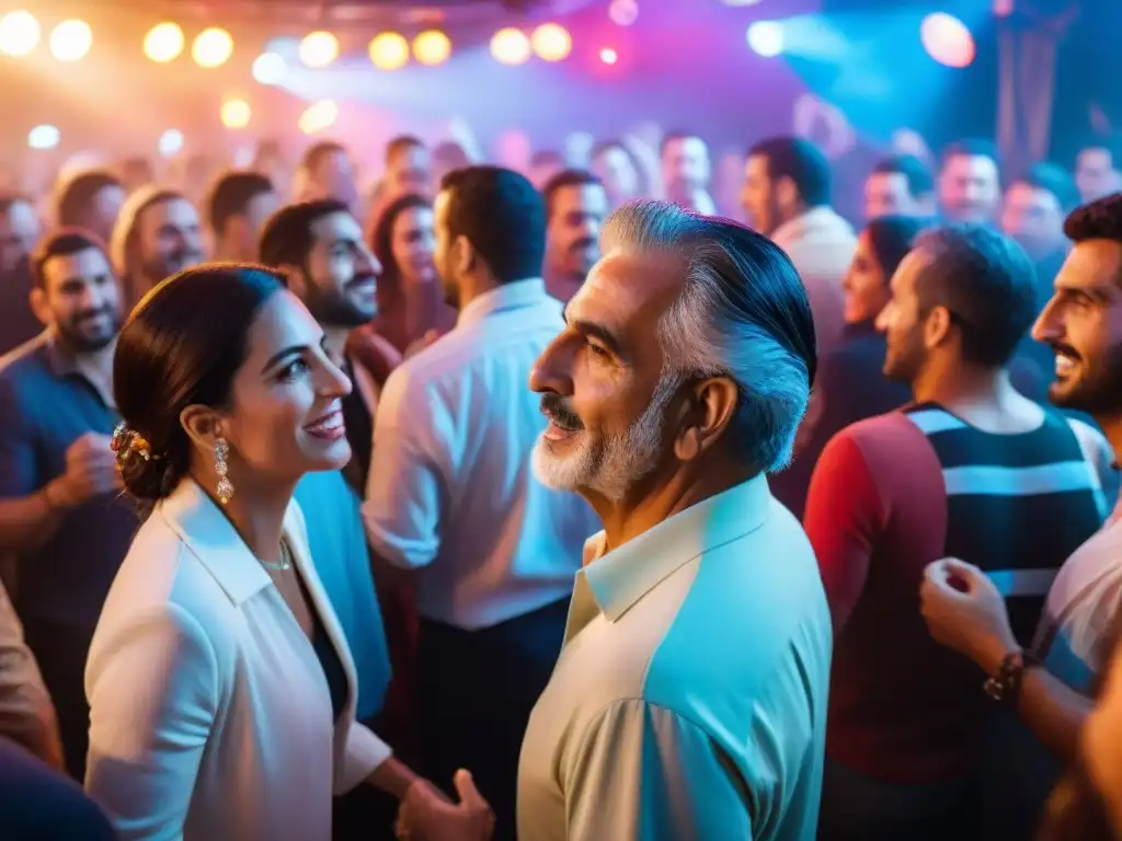 Vibrante Baile de la Nostalgia Uruguay: multitud bailando al ritmo de clásicos en pista iluminada por luces disco, unión y alegría