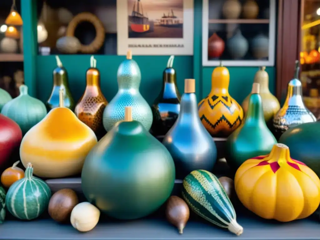 Vibrante exhibición de mates y bombillas en tienda de souvenirs en Montevideo