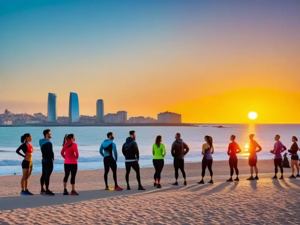 Un vibrante boot camp de fitness en la costa de Montevideo con la icónica Rambla al atardecer