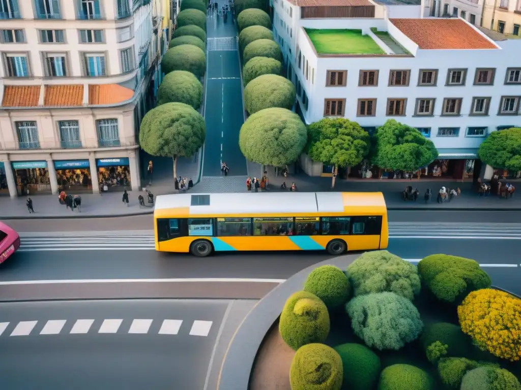 Un vibrante bus público recorre las calles de Montevideo, Uruguay