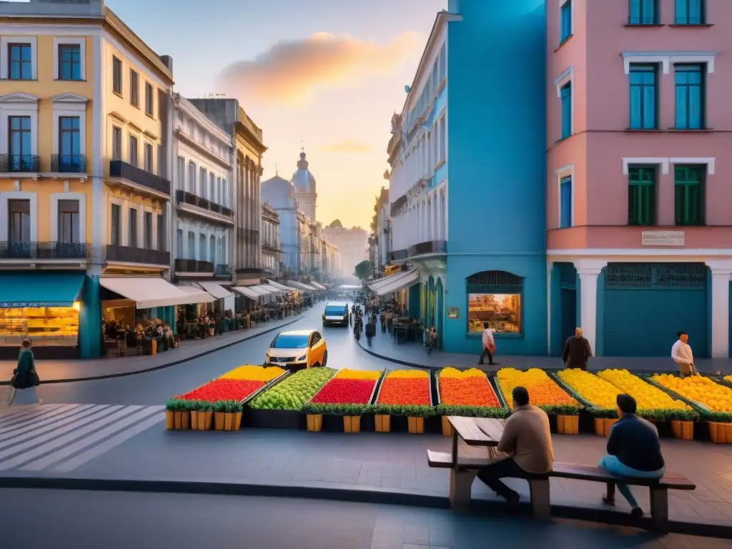 Una vibrante calle en Montevideo al atardecer, con vida urbana diversa y edificios coloniales