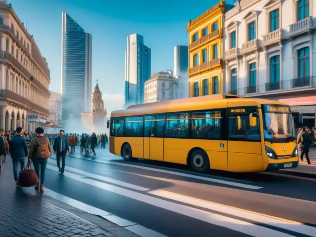 Una vibrante calle de la ciudad de Uruguay con un mix de arquitectura tradicional y rascacielos modernos