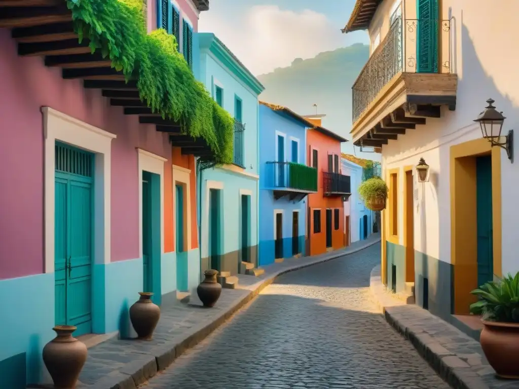 Vibrante calle empedrada en Barrio Histórico Colonia Sacramento, con edificios coloniales coloridos y balcones de hierro forjado