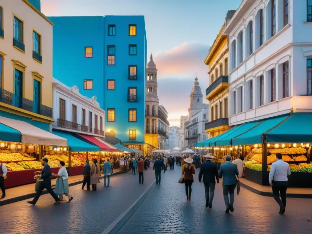 Vibrante calle de Montevideo, Uruguay, con mezcla de arquitectura histórica y vida urbana moderna