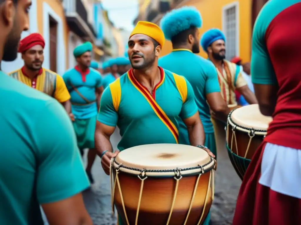 Una vibrante procesión callejera de músicos afro-uruguayos tocando tambores de Candombe, reflejando la cultura uruguaya