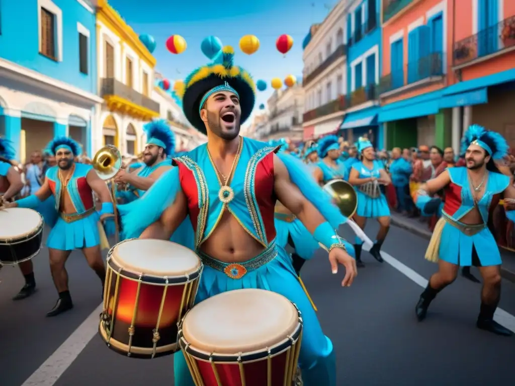 Un vibrante Carnaval Uruguay música danza corazón: músicos y bailarines en fiesta callejera