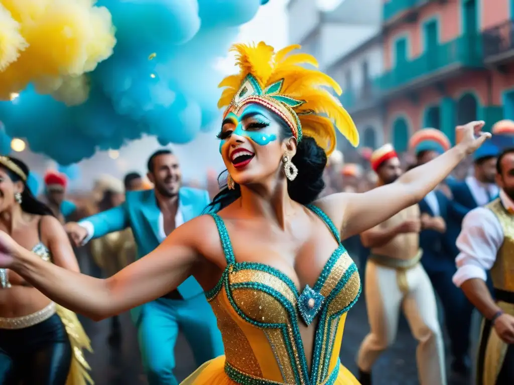 Fotografiando el vibrante carnaval uruguayo: bailarines con coloridos trajes en movimiento, entre confeti y espectadores animados