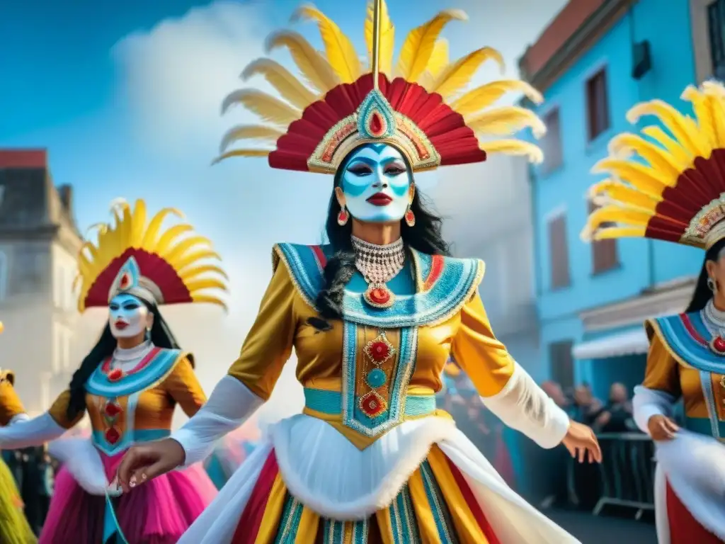 Fotografiar el vibrante carnaval uruguayo: detalles coloridos, bailarines en movimiento, espectadores animados y música tradicional