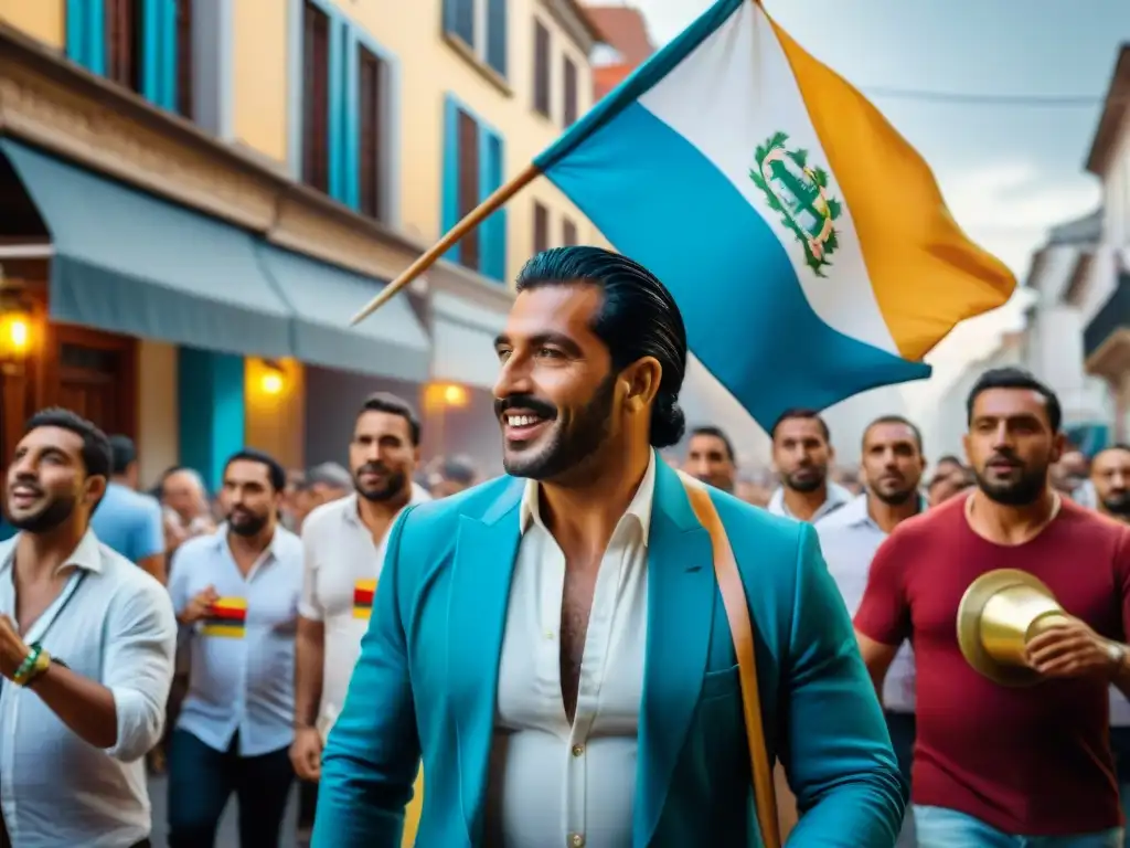 Una vibrante celebración callejera en Uruguay con ritmos de música tropical, gente bailando y banderas coloridas ondeando en el aire