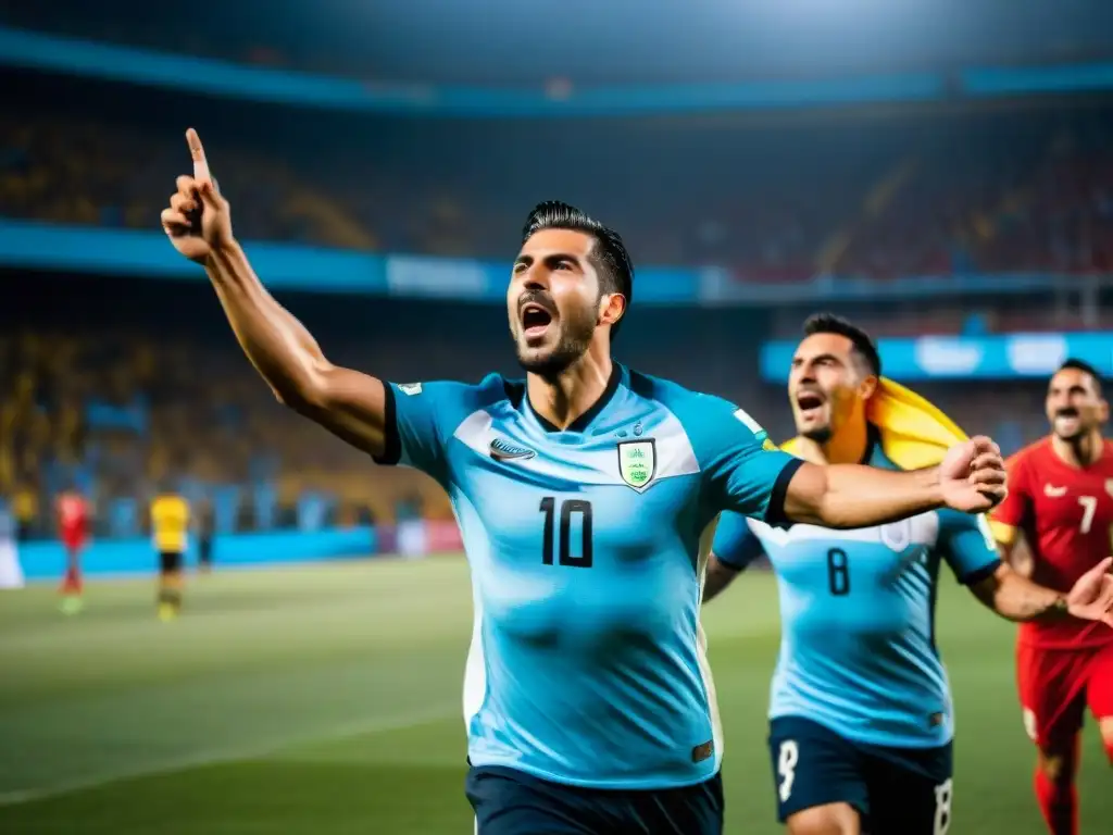 Vibrante celebración de gol en partido de fútbol uruguayo, fans y jugadores en éxtasis