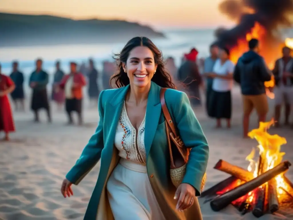 Fotografía de la vibrante celebración de La Noche de San Juan en Uruguay, con un grupo diverso de personas alrededor de una fogata en la playa