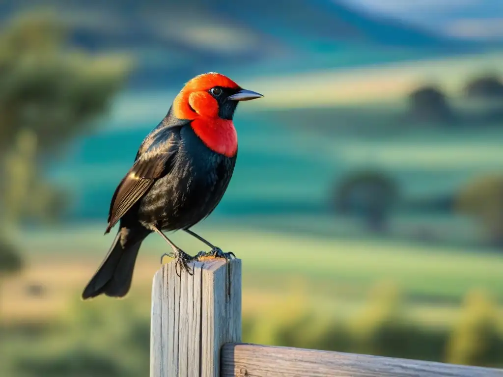 Un vibrante Churrinche posado en un poste de madera, con el exuberante campo uruguayo de fondo