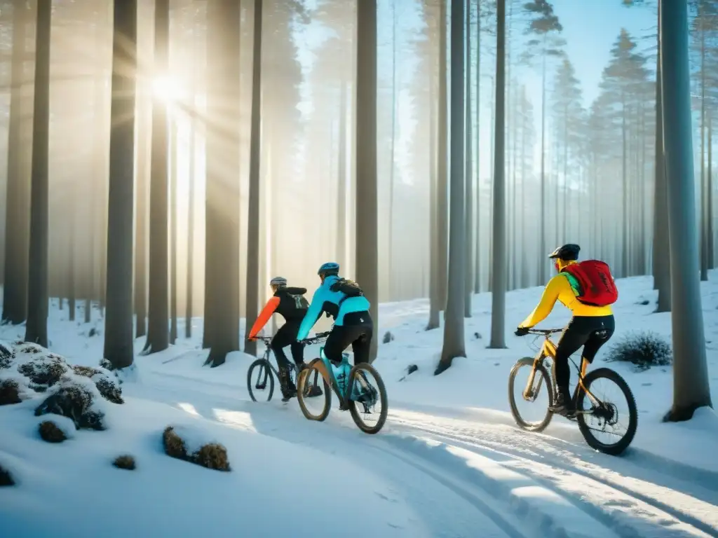 Un vibrante ciclismo de montaña en invierno en Uruguay: ciclistas coloridos pedaleando entre la nieve, con un bosque dorado al fondo