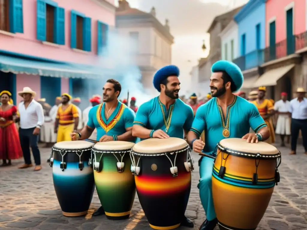 Un vibrante círculo de tambores de candombe en Uruguay, muestra la energía y movimientos de los músicos