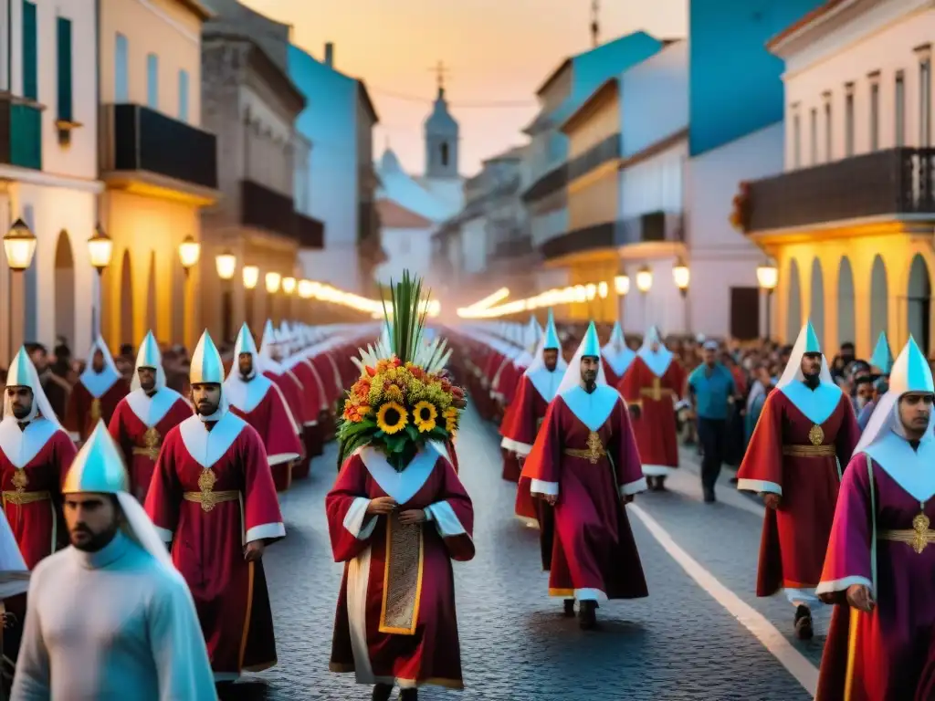 Una procesión vibrante y colorida de Semana Santa en Uruguay, con figuras religiosas, flores frescas y devotos en atuendos tradicionales