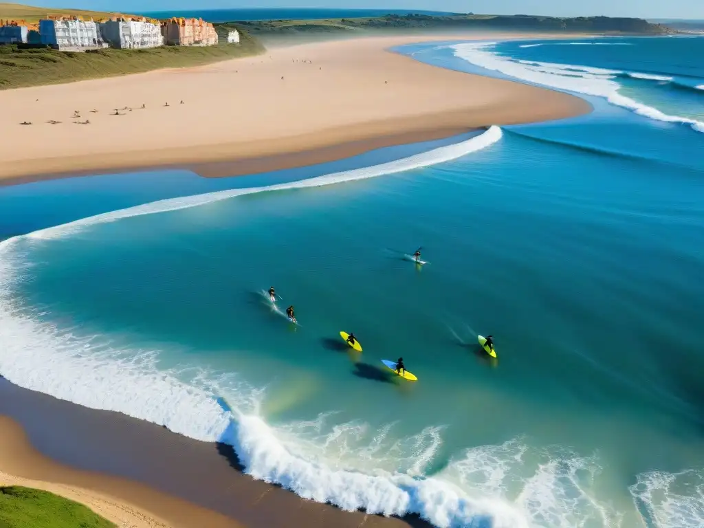 Una vibrante comunidad de surfistas de todas las edades y géneros disfruta de las olas en la playa, reflejando la cultura del surf en Uruguay