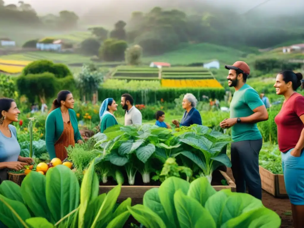 Un vibrante jardín comunitario en Uruguay con personas de todas las edades y etnias colaborando en proyectos de conservación