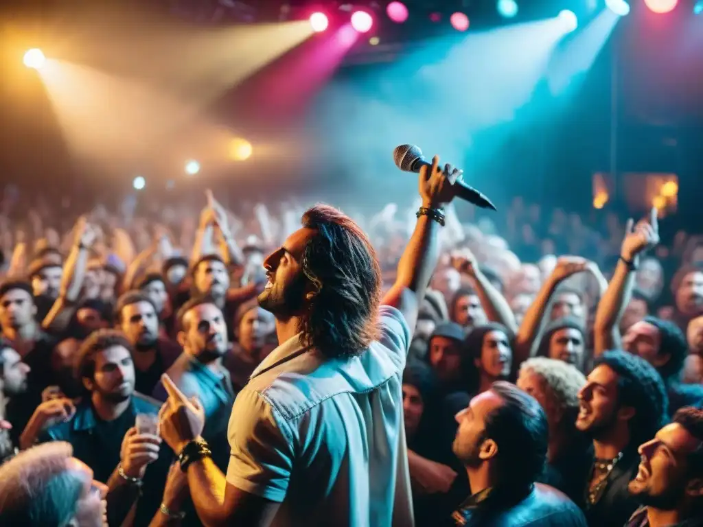 Vibrante concierto de rock en Uruguay en los 80 o 90, fans apasionados y cantante carismático en escenario iluminado