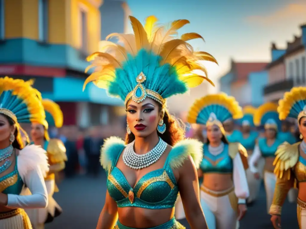 Una vibrante fotografía de la tradición cultural uruguaya en fiestas, con bailarines y espectadores en el Carnaval