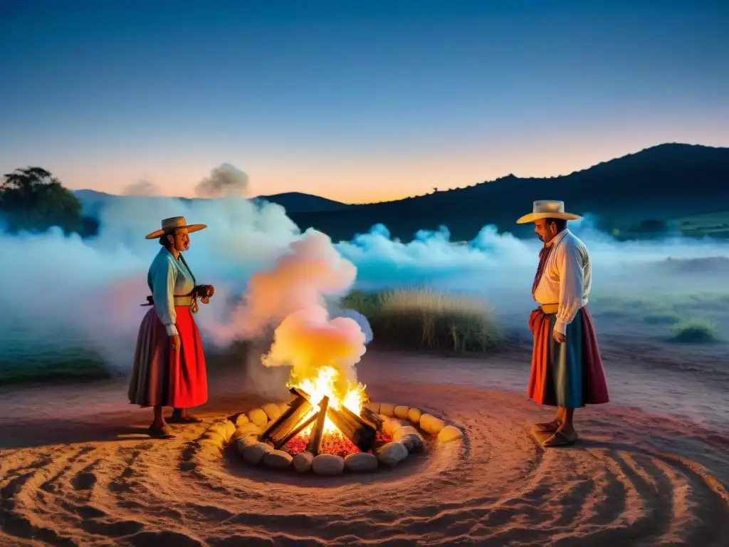 Vibrante danza guacha alrededor de fogata, reflejando la rica cultura uruguaya en termas rurales