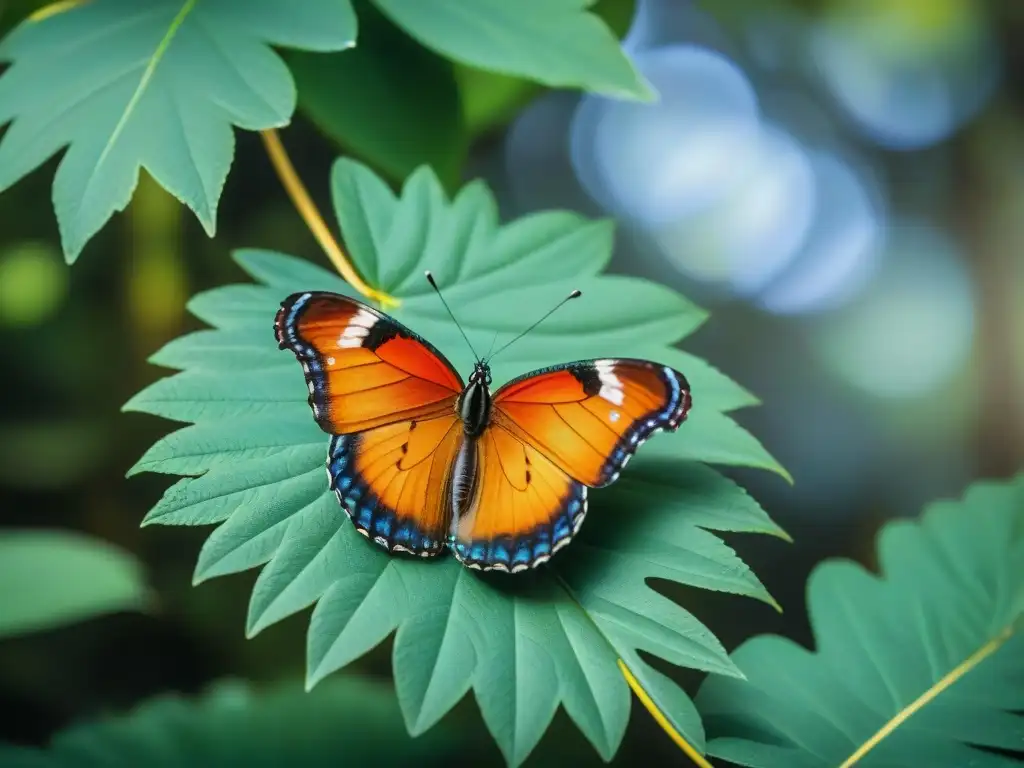 Un vibrante y delicado mariposa posada en una hoja verde, detalles detallados de sus alas y antenas en foco