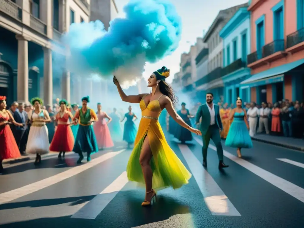 Un vibrante desfile callejero en Montevideo durante Carnaval, capturando la identidad cultural de Uruguay