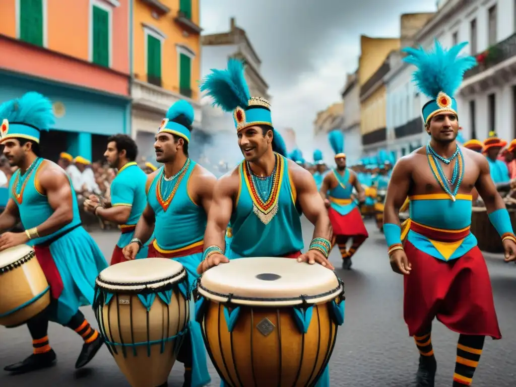 Un vibrante desfile callejero durante el Día Nacional del Candombe en Uruguay, con tamborileros afro-uruguayos tocando apasionadamente