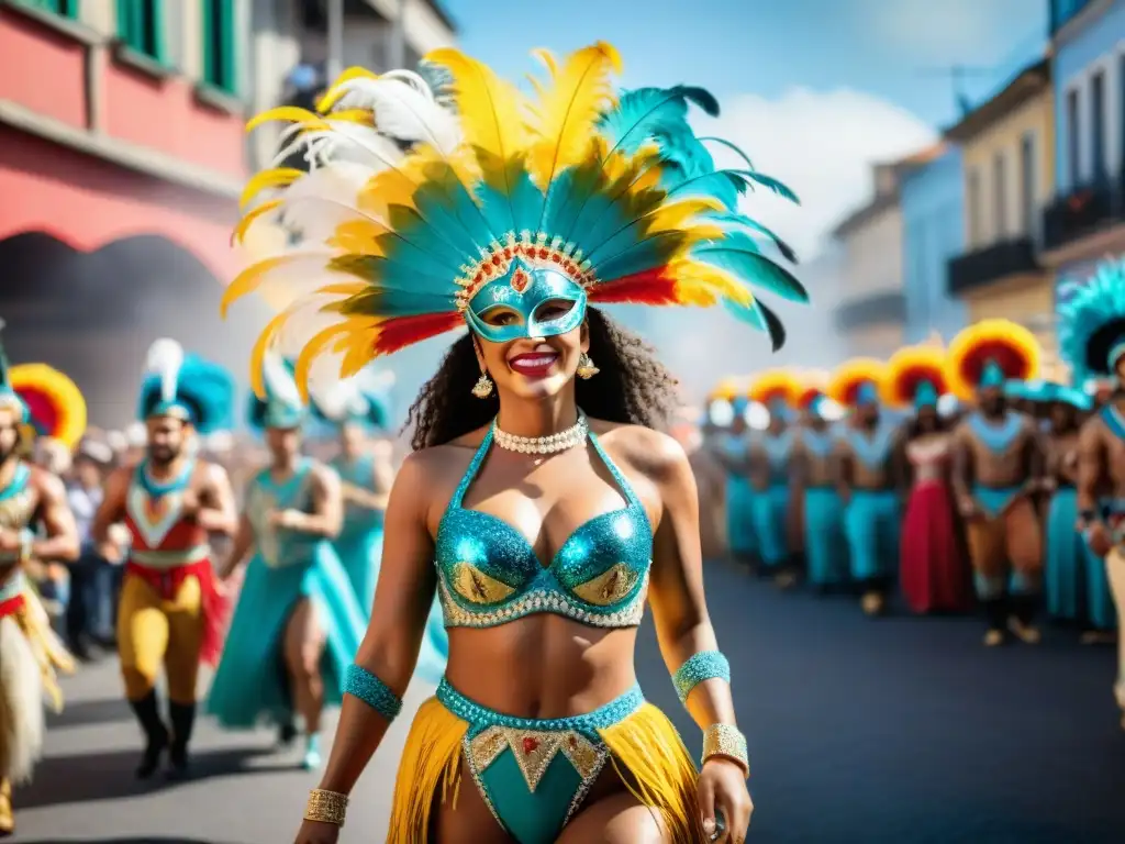 Fotografía del vibrante desfile de Carnaval en Uruguay, con coloridos trajes y danzas enérgicas