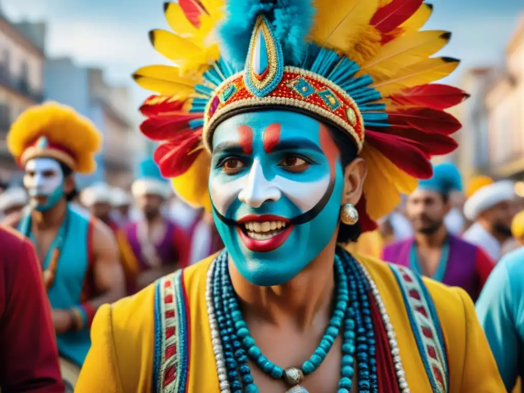 Vibrante murga uruguaya en desfile de carnaval, con músicos, colores y pasión en Montevideo