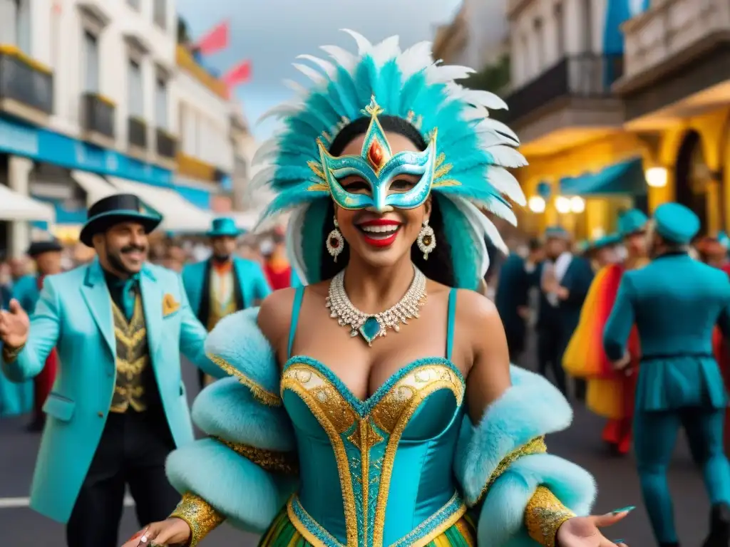 Un vibrante desfile de carnaval en Montevideo con personas diversas en trajes coloridos y máscaras, celebrando juntas con alegría