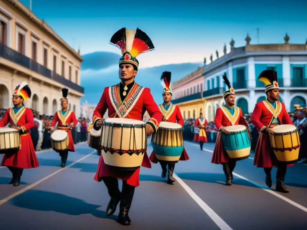 Un vibrante Desfile de Llamadas en Uruguay: AfroUruguayos tocando tambores bajo la luna, fusionando tradición y modernidad en Montevideo