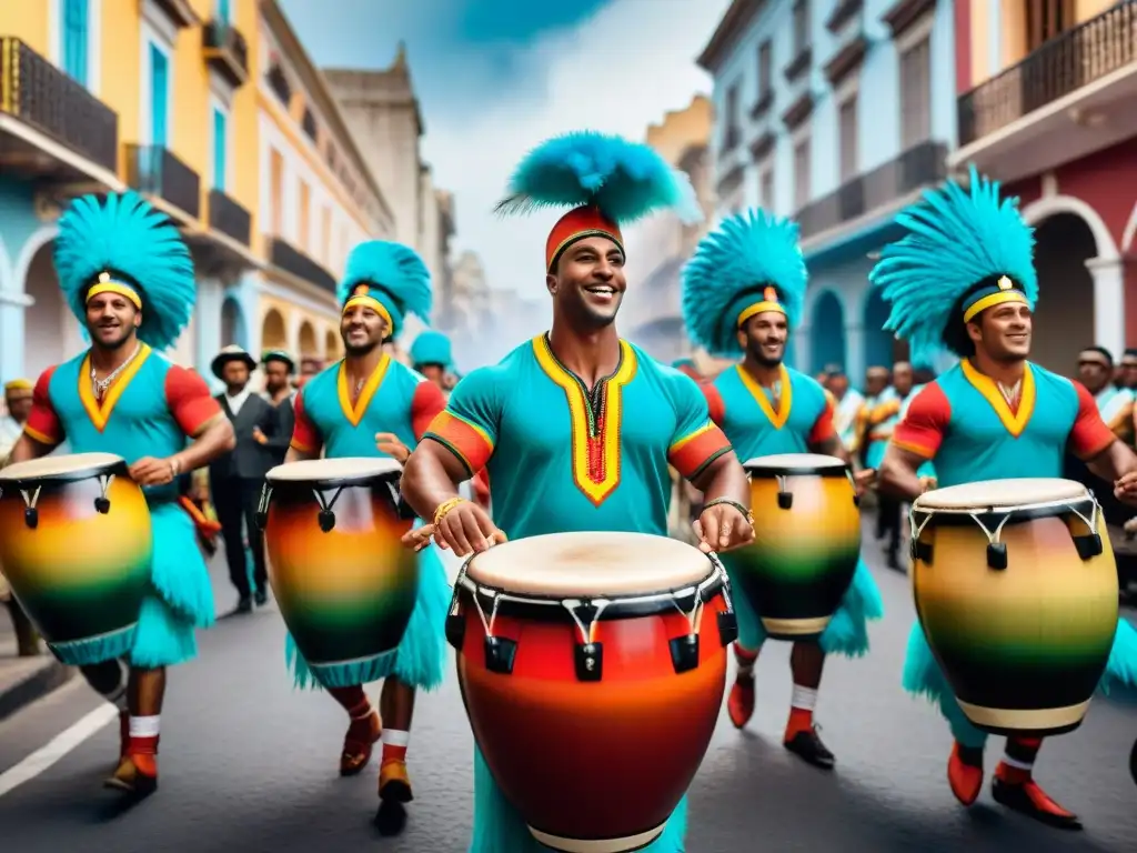 Un vibrante desfile de tambores de Candombe en la cultura uruguaya durante el carnaval de Montevideo