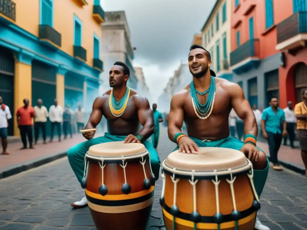 Un vibrante despliegue de la tradición del Candombe en Uruguay: músicos afrodescendientes interpretando los tambores con pasión en Montevideo