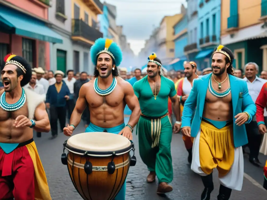 Un vibrante despliegue de músicos tradicionales uruguayos tocando tambores de candombe en Barrio Sur durante el carnaval